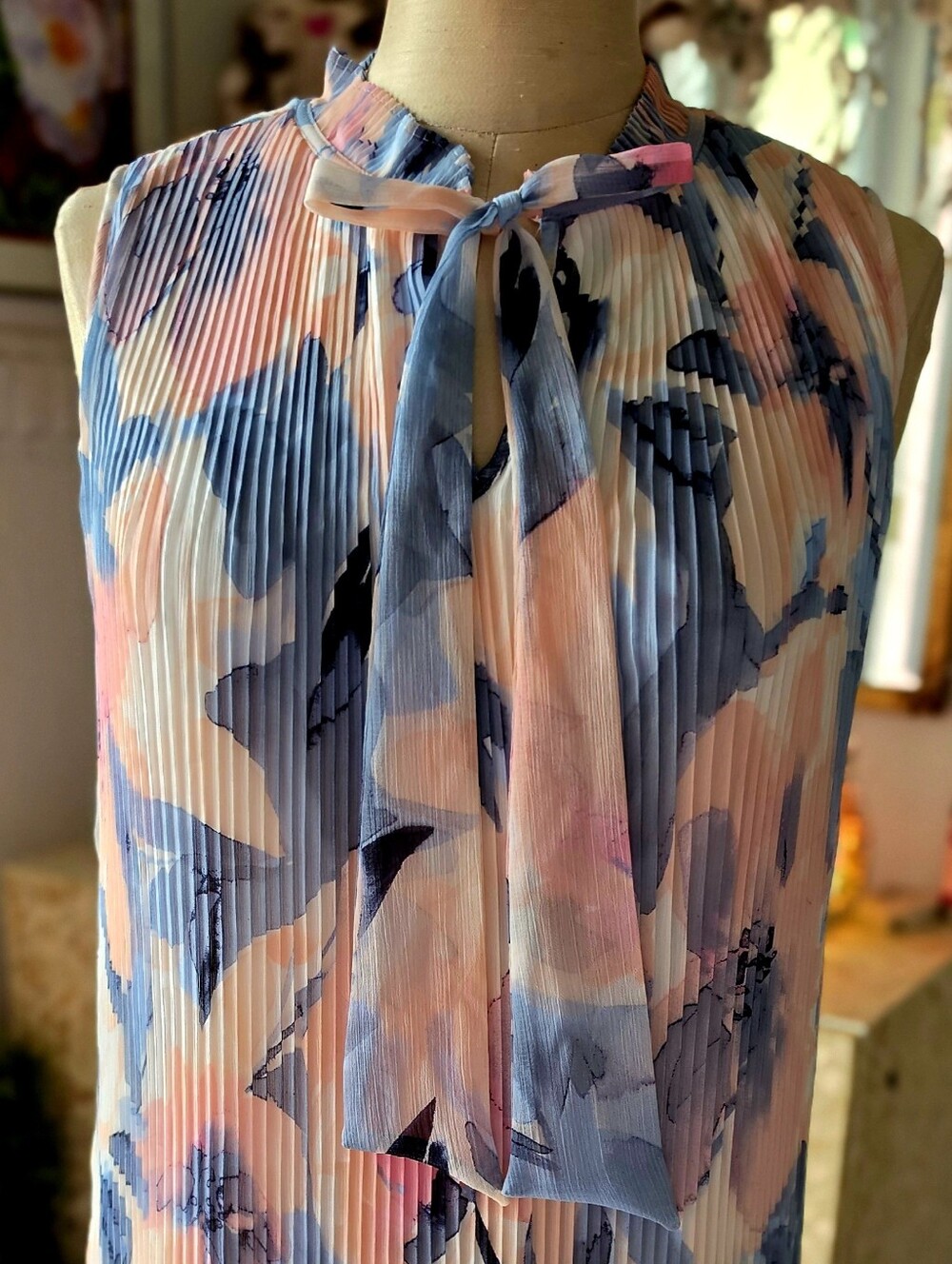 DKNY Pleated Floral Dress With Bow Tie Neck in Blue & Pink